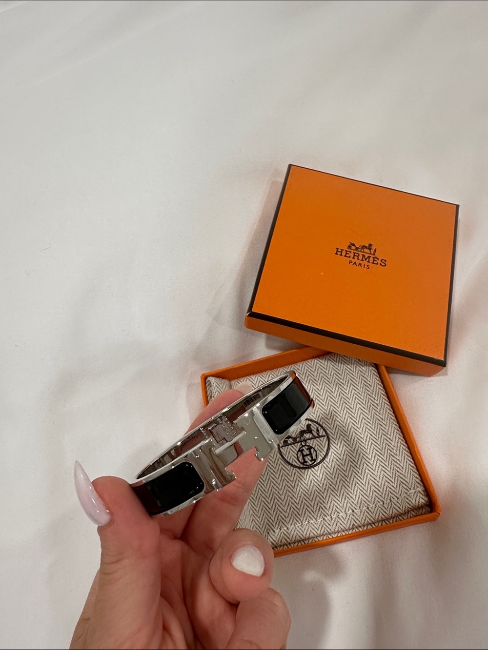 Hermes Black Enamel H Bracelet with Silver Hardware